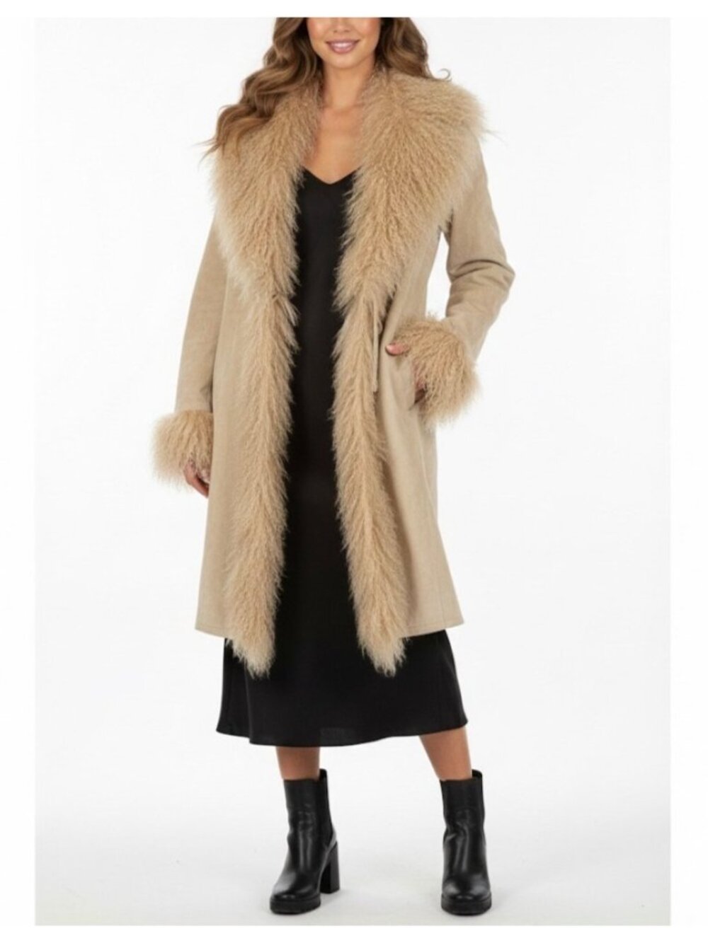 Vintage Raffaelo Beige Suede Leather Penny Lane Afghan Shearling Coat XL Boho - Picture 2 of 9